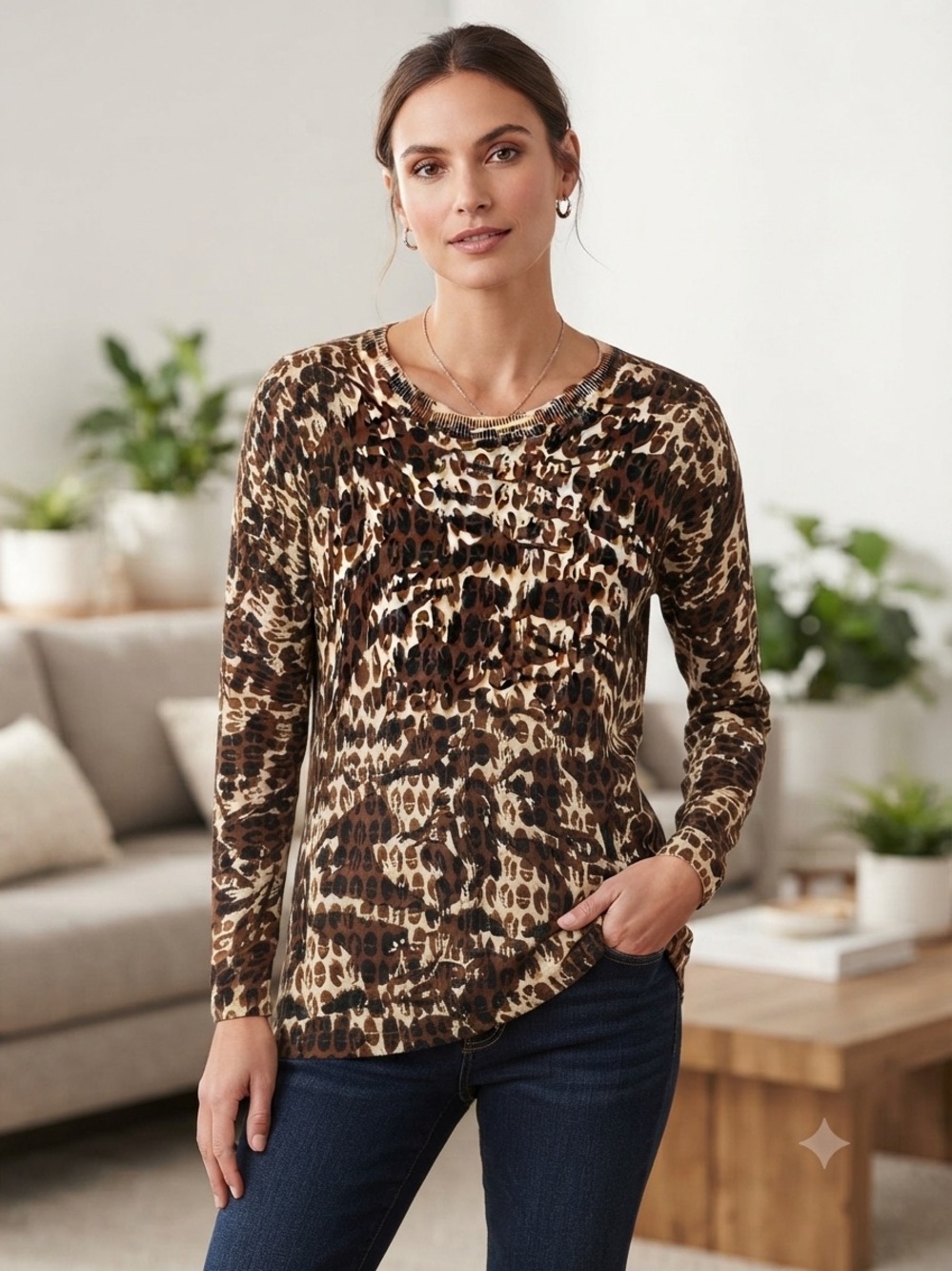 Cabi Leopard Print, Brown, Long Sleeve Cotton Cashmere Sweater Size L
